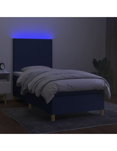 Letto a Molle con Materasso e LED Blu 90x190 cm in Tessuto
