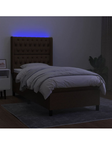 Letto a Molle Materasso e LED Marrone Scuro 100x200 cm Tessuto