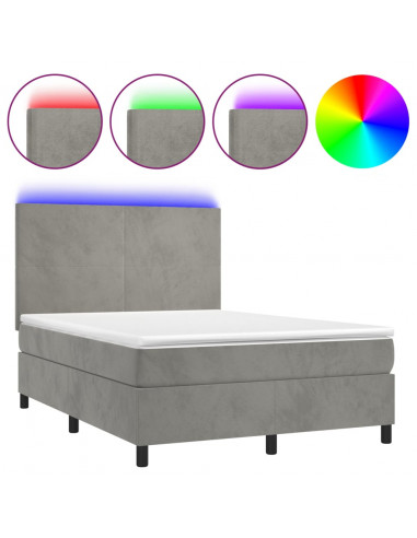 Letto a Molle Materasso e LED Grigio Chiaro 140x190 cm Velluto