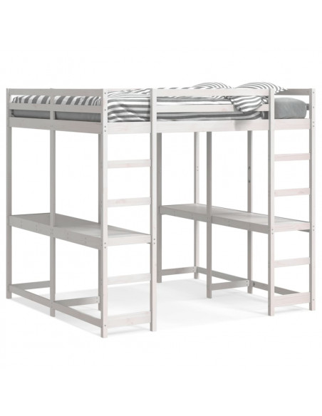 Letto Soppalco Scrivania e Scala Bianco 140x200cm Massello Pino