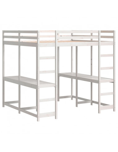 Letto Soppalco Scrivania e Scala Bianco 140x200cm Massello Pino