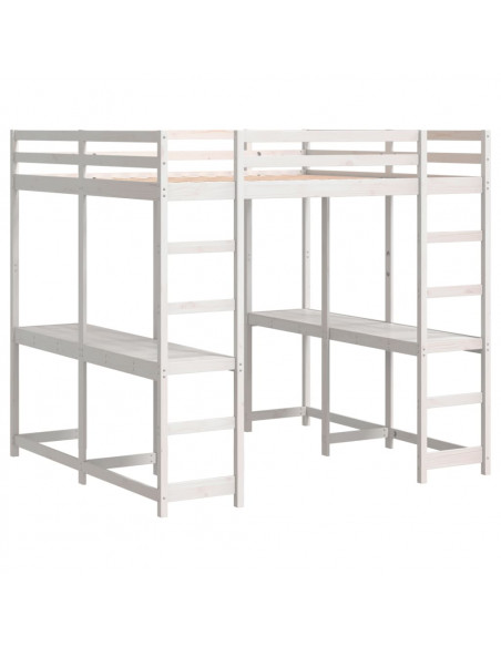 Letto Soppalco Scrivania e Scala Bianco 140x200cm Massello Pino