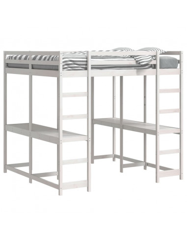 Letto Soppalco Scrivania e Scala Bianco 140x200cm Massello Pino