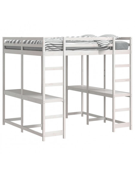 Letto Soppalco Scrivania e Scala Bianco 140x200cm Massello Pino