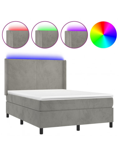 Letto a Molle Materasso e LED Grigio Chiaro 140x200 cm Velluto