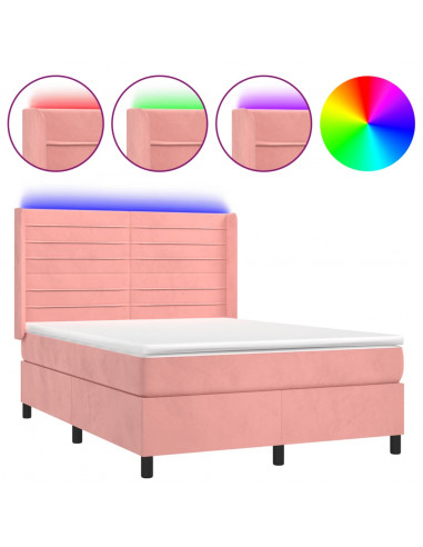 Letto a Molle con Materasso e LED Rosa 140x190 cm in Velluto