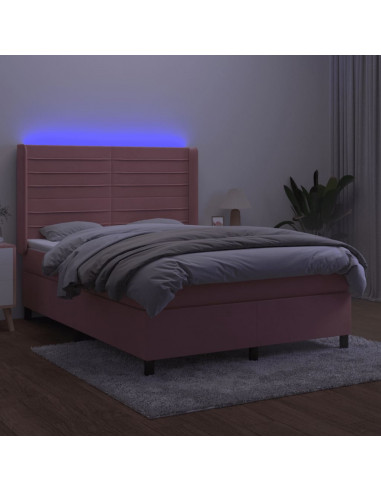 Letto a Molle con Materasso e LED Rosa 140x190 cm in Velluto
