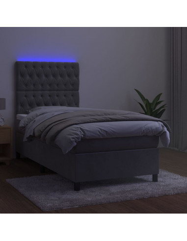 Letto a Molle Materasso e LED Grigio Chiaro 100x200 cm Velluto