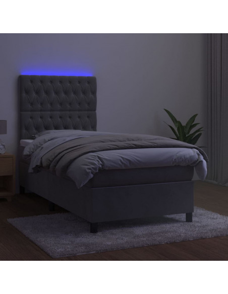 Letto a Molle Materasso e LED Grigio Chiaro 100x200 cm Velluto