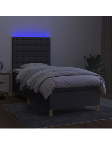Letto a Molle Materasso e LED Grigio Scuro 90x200 cm in Tessuto