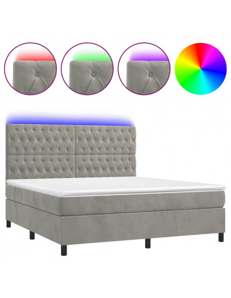 Letto a Molle Materasso e LED Grigio Chiaro 160x200 cm Velluto