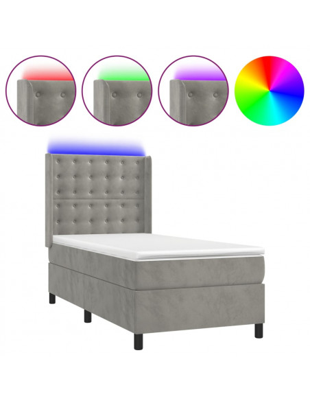 Letto a Molle Materasso e LED Grigio Chiaro 90x190 cm Velluto