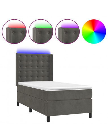 Letto a Molle con Materasso e LED Grigio Scuro 90x200cm Velluto