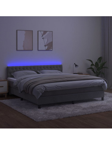 Letto a Molle Materasso e LED Grigio Chiaro 160x200 cm Velluto