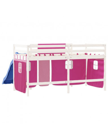 Letto a Soppalco con Tende Bambini Rosa 80x200 cm Massello Pino