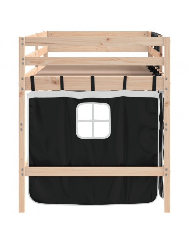 Letto a Soppalco con Tende Bambini Bianco e Nero 90x200 cm Pino