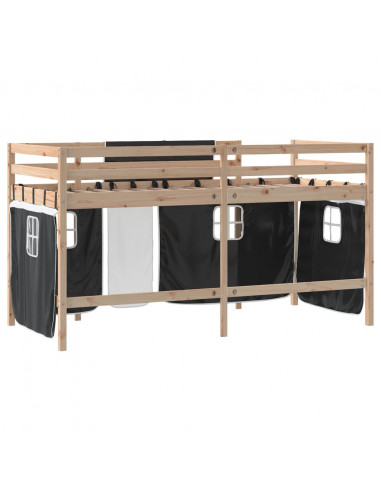 Letto a Soppalco con Tende Bambini Bianco e Nero 90x200 cm Pino