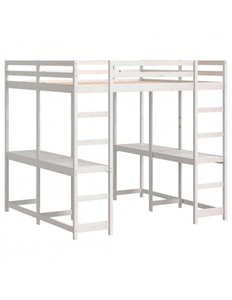 Letto Soppalco Scrivania e Scala Bianco 180x200cm Massello Pino