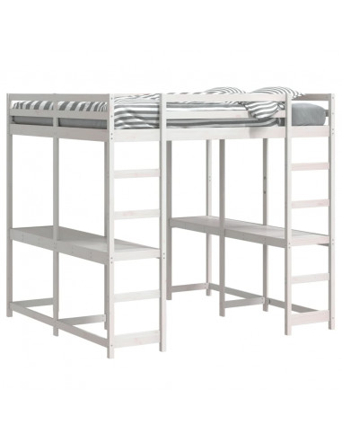 Letto Soppalco Scrivania e Scala Bianco 180x200cm Massello Pino