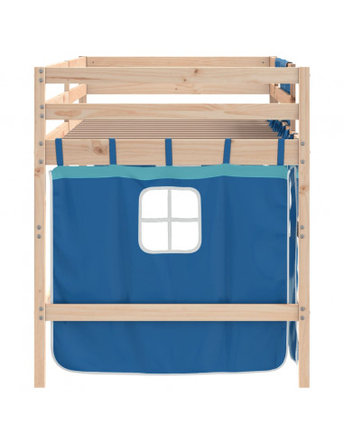 Letto a Soppalco con Tende Bambini Blu 90x200 cm Massello Pino