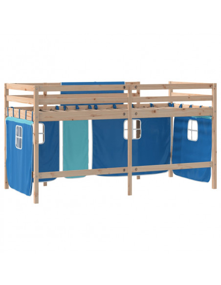 Letto a Soppalco con Tende Bambini Blu 90x200 cm Massello Pino