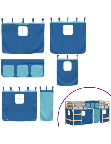Letto a Soppalco con Tende Bambini Blu 90x200 cm Massello Pino