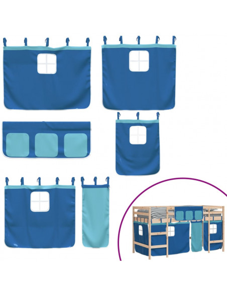 Letto a Soppalco con Tende Bambini Blu 90x200 cm Massello Pino