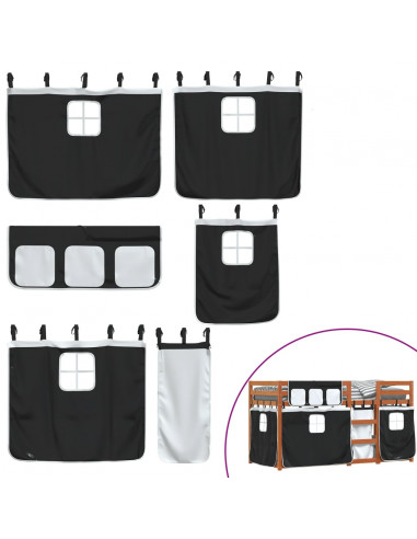 Letto a Castello con Tende Bianco e Nero 90x200cm Massello Pino