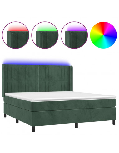 Letto a Molle con Materasso e LED Verde Scuro 180x200cm Velluto