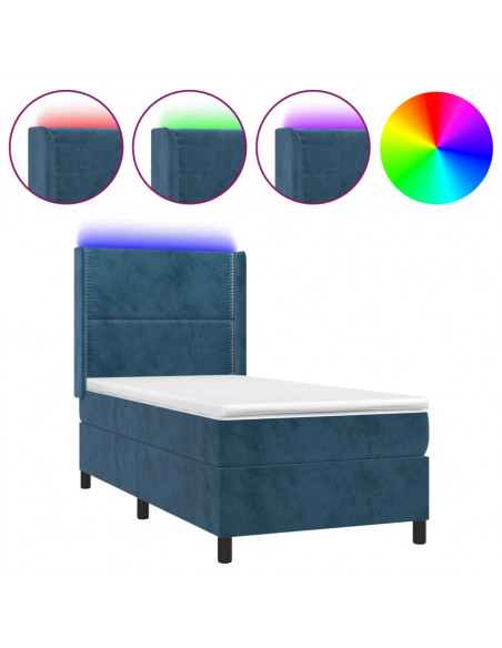 Letto a Molle con Materasso e LED Blu Scuro 90x190cm in Velluto