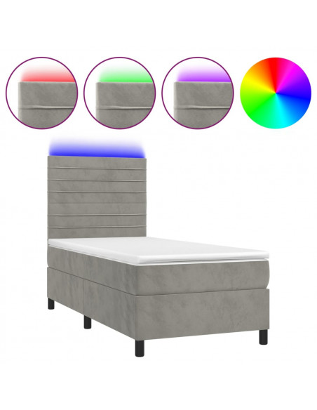 Letto a Molle Materasso e LED Grigio Chiaro 90x200 cm Velluto