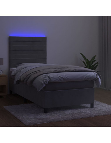 Letto a Molle Materasso e LED Grigio Chiaro 90x200 cm Velluto