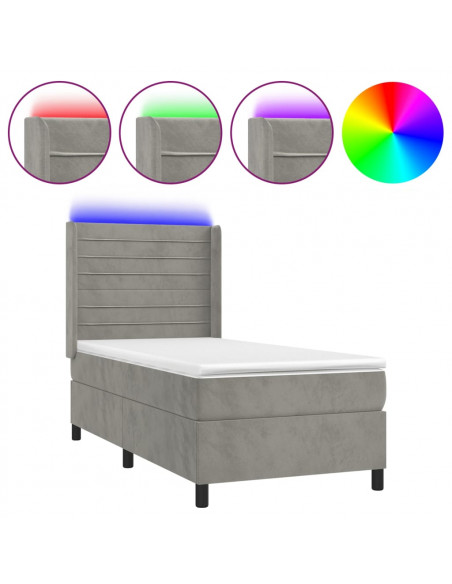 Letto a Molle Materasso e LED Grigio Chiaro 90x200 cm Velluto