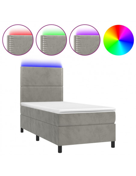 Letto a Molle Materasso e LED Grigio Chiaro 90x190 cm Velluto