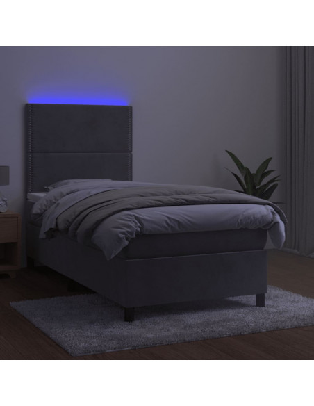 Letto a Molle Materasso e LED Grigio Chiaro 90x190 cm Velluto