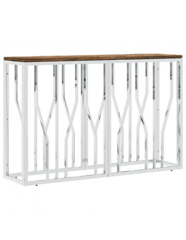 Tavolino Consolle in Acciaio Inox e Legno Massello di Recupero