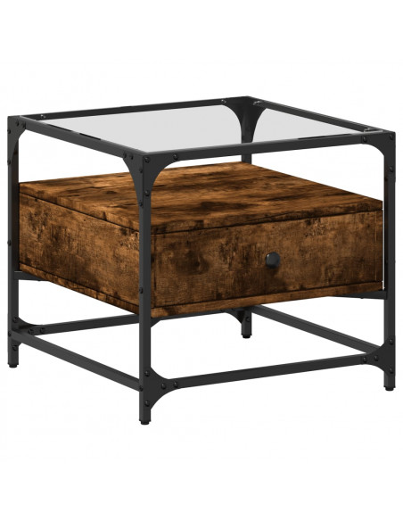 Tavolino con Piano in Vetro Rovere Fumo 50x50x45 cm Acciaio