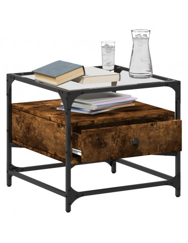Tavolino con Piano in Vetro Rovere Fumo 50x50x45 cm Acciaio