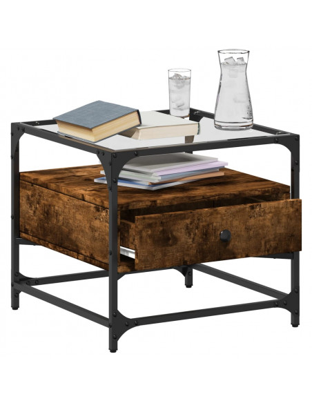 Tavolino con Piano in Vetro Rovere Fumo 50x50x45 cm Acciaio