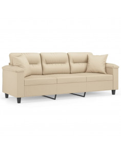 Divano a 3 Posti con Cuscini Crema 180 cm Tessuto Microfibra