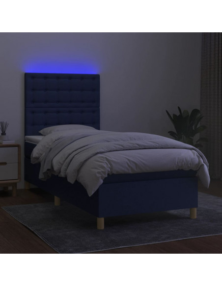 Letto a Molle con Materasso e LED Blu 100x200cm in Tessuto