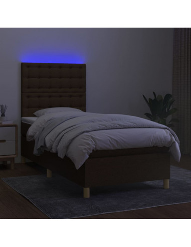 Letto a Molle Materasso e LED Marrone Scuro 90x190cm in Tessuto