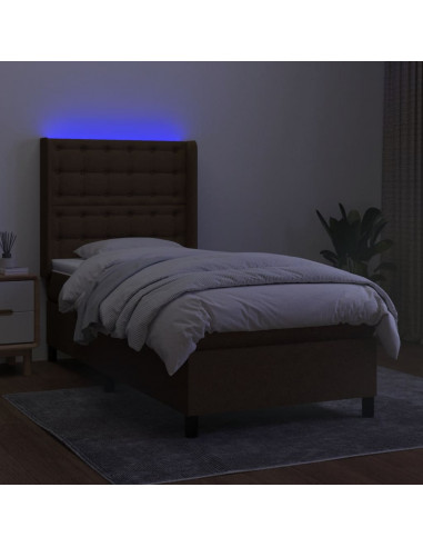 Letto a Molle Materasso e LED Marrone Scuro 90x200cm in Tessuto