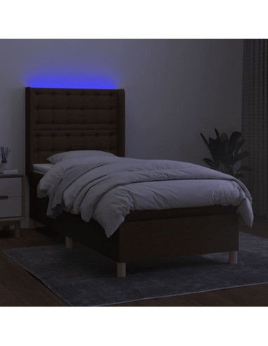 Letto a Molle Materasso e LED Marrone Scuro 90x190cm in Tessuto