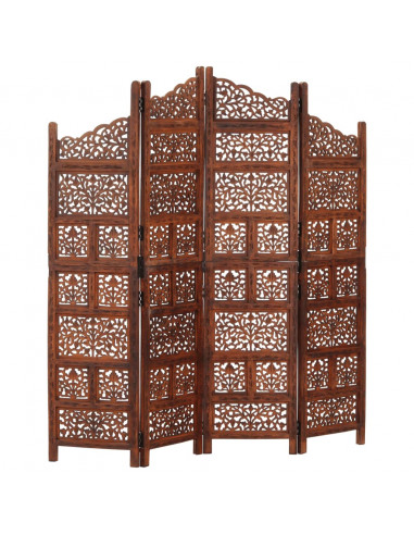 Divisorio 4 Pannelli Intaglio Marrone 160x165cm Mango Massello