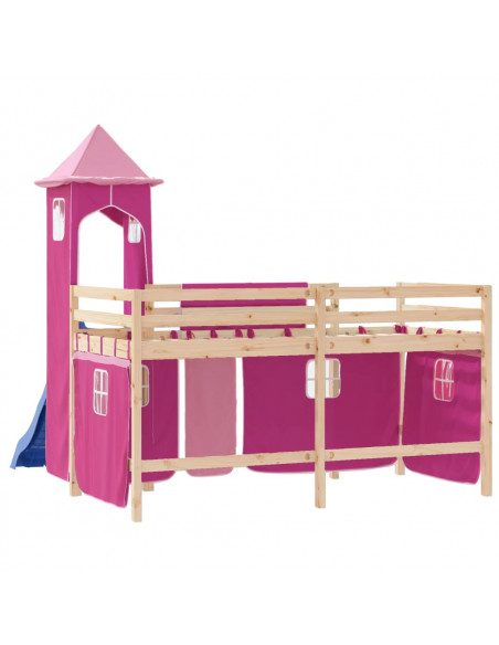 Letto a Soppalco con Torre Bambini Rosa 80x200cm Massello Pino