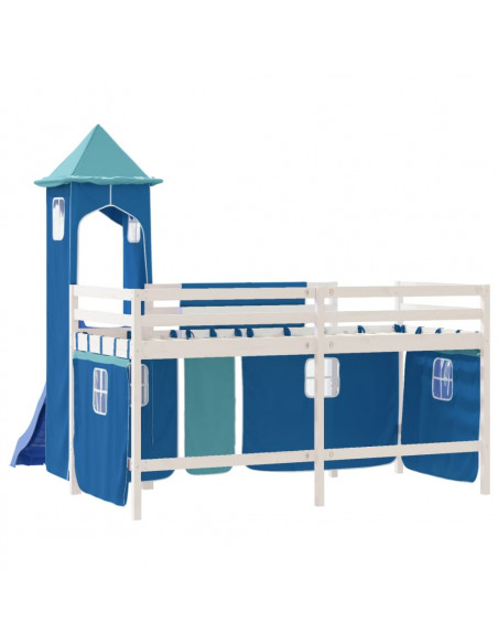 Letto a Soppalco con Torre Bambini Blu 90x200cm Massello Pino