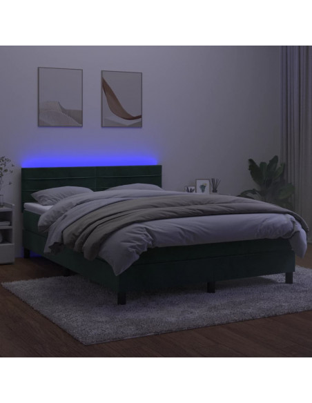 Letto a Molle con Materasso e LED Verde Scuro 140x200cm Velluto