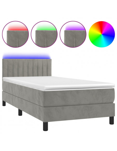 Letto a Molle Materasso e LED Grigio Chiaro 90x200 cm Velluto