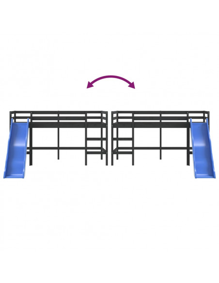 Letto Soppalco con Scivolo Bambini Nero 90x190cm Massello Pino